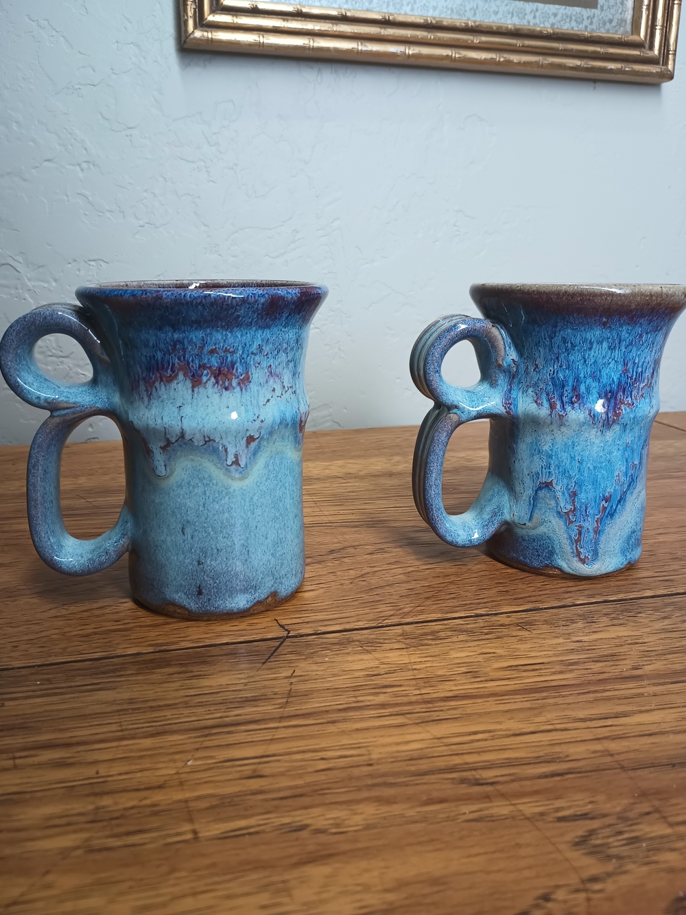 Hand Crafted Blue and Turquoise Drip Glaze Ceramic Mugs - Set of 2